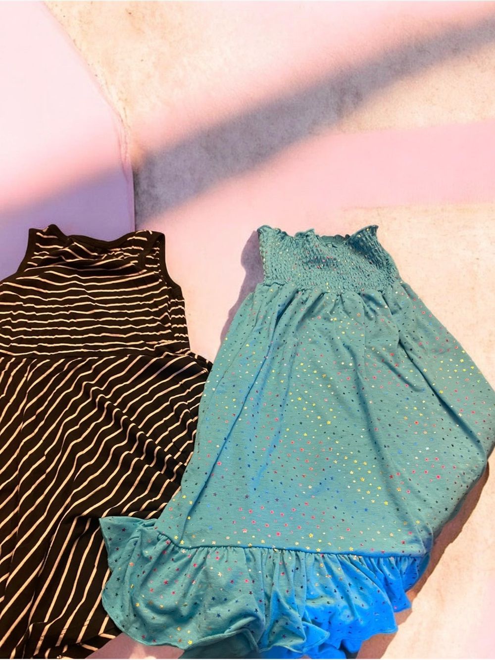 Girls' Aqua Sparkle Strapless Dress and Black Striped Tank Dress - Two-Piece Set